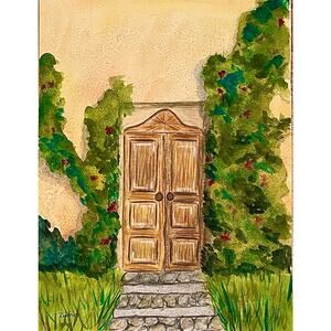 Hand painted watercolor original painting garden door with steps and ivy